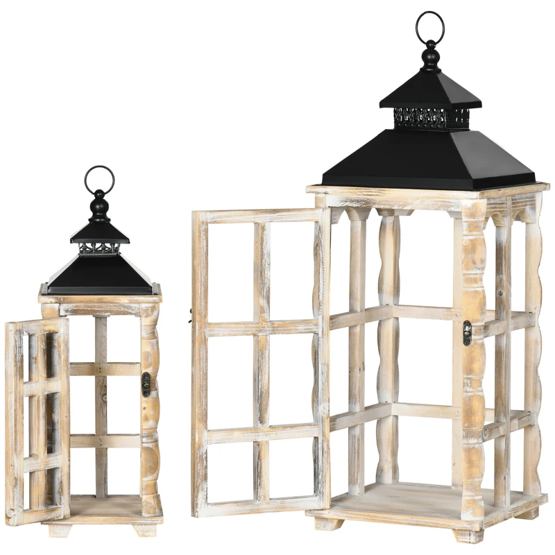 HOMCOM 2 Pack 31"/21" Large Rustic Lantern Decorations, Hanging Wooden Metal Indoor Covered Outdoor Lantern for Home Decor (No Glass), Black and Distressed Natural Wood Color