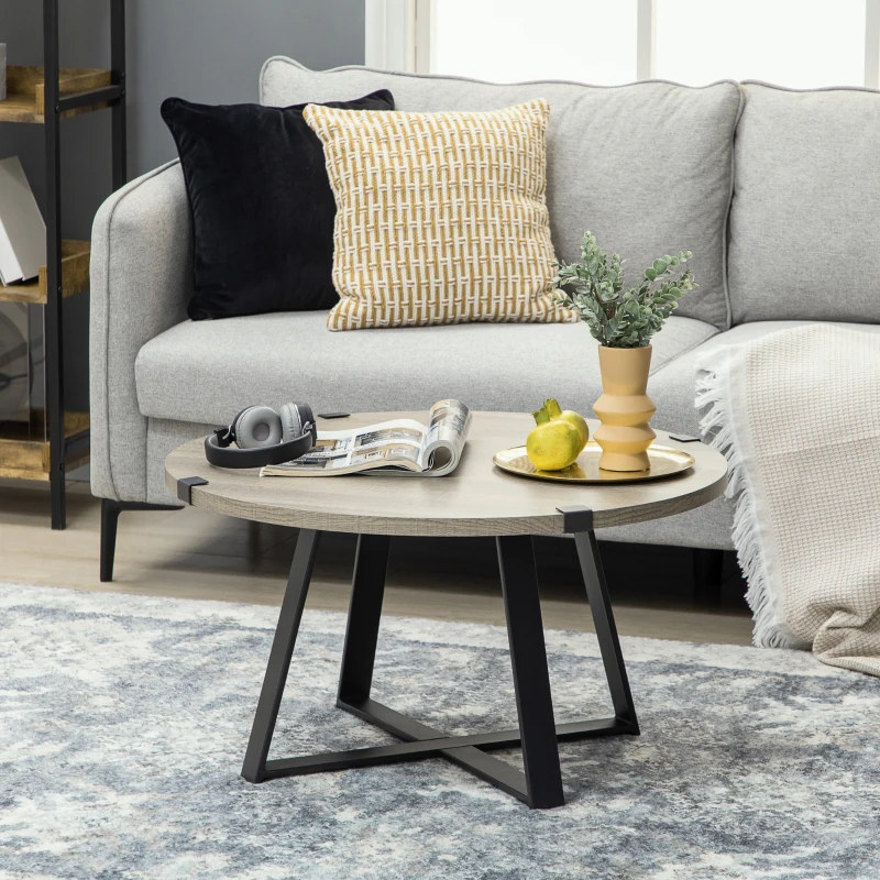 HOMCOM Round Coffee Table, Retro Cocktail Table with Steel Crossed Legs, Aesthetic Living Room Table, Easy to Assemble, Light Gray