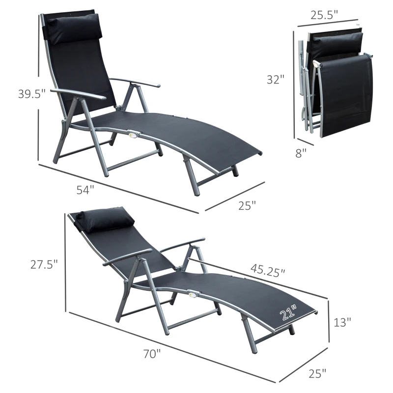 Outsunny Chaise Lounge Foldable Outdoor Chair, Portable, 7-Position Adjustable Reclining Tri-fold Chair for Camping, Sunbathing & Tanning at the Beach, Swimming Pool with Pillow, Black