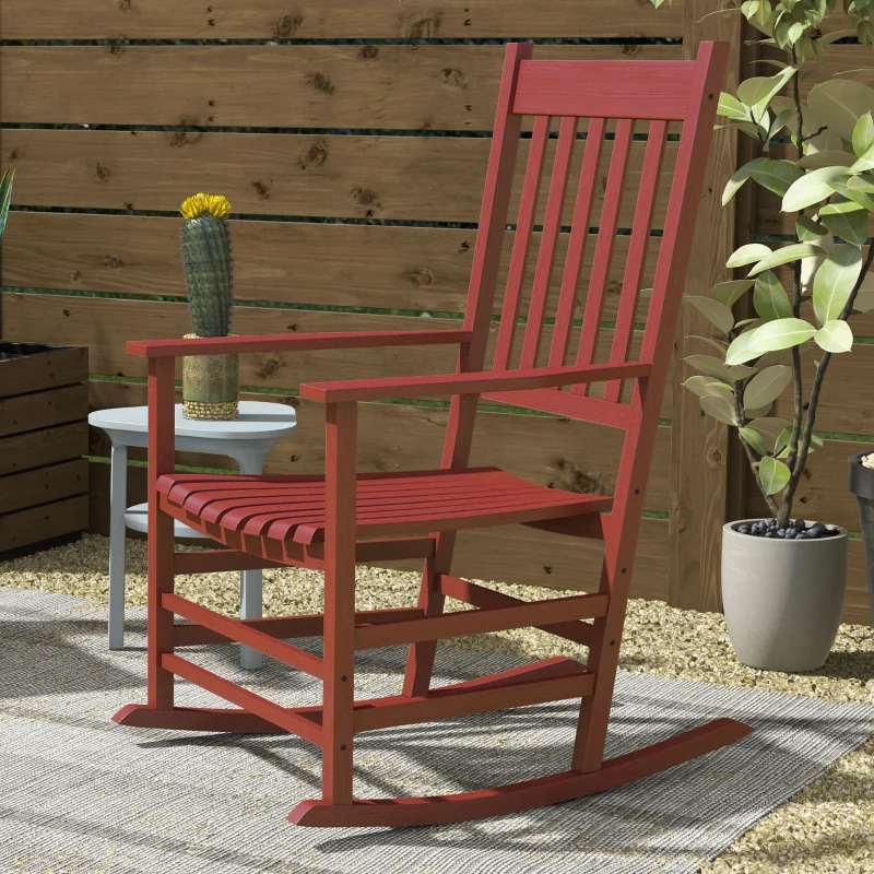 Outsunny Outdoor Rocking Chair Set of 2, Patio Rocking Chair with Smooth Curves, High Density Wooden Rockers for Lawn Garden Porch, Supports Up to 350lbs, Wine Red