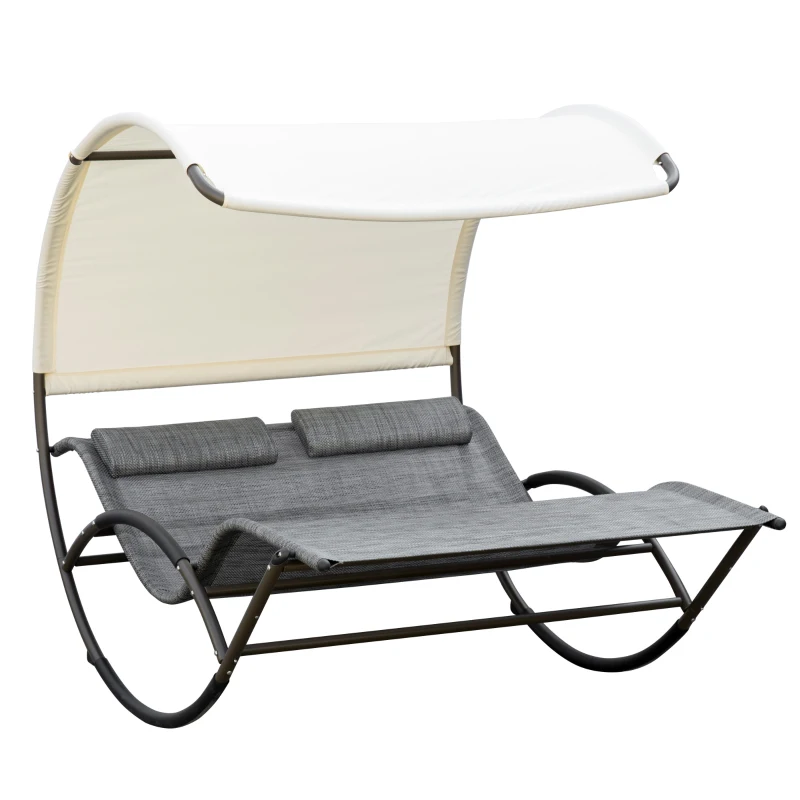 Outsunny Outdoor Double Chaise Rocking Chair, Day Bed Sun Lounger with Canopy Shade, Headrest Pillow, Armrests for Garden, Poolside, Light Gray