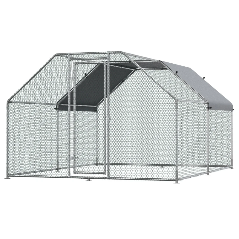 PawHut 9.2' x 12.5' Metal Chicken Coop, Galvanized Walk-in Hen House, Poultry Cage Outdoor Backyard with Waterproof UV-Protection Cover for Rabbits, Ducks
