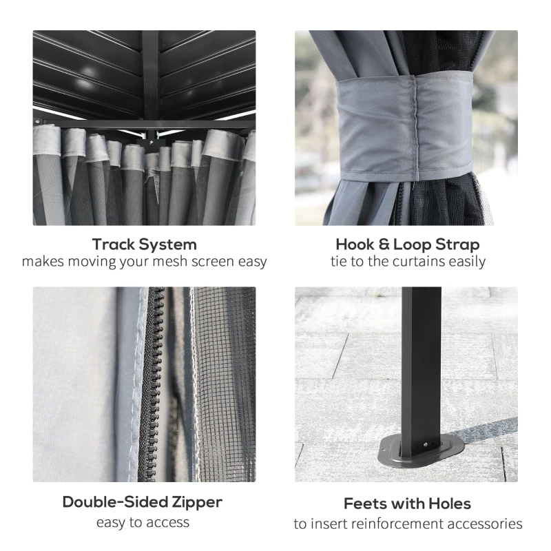 Outsunny 10' x 10' Metal Hardtop Gazebo with Mesh & Curtains, Double Roof, Gray