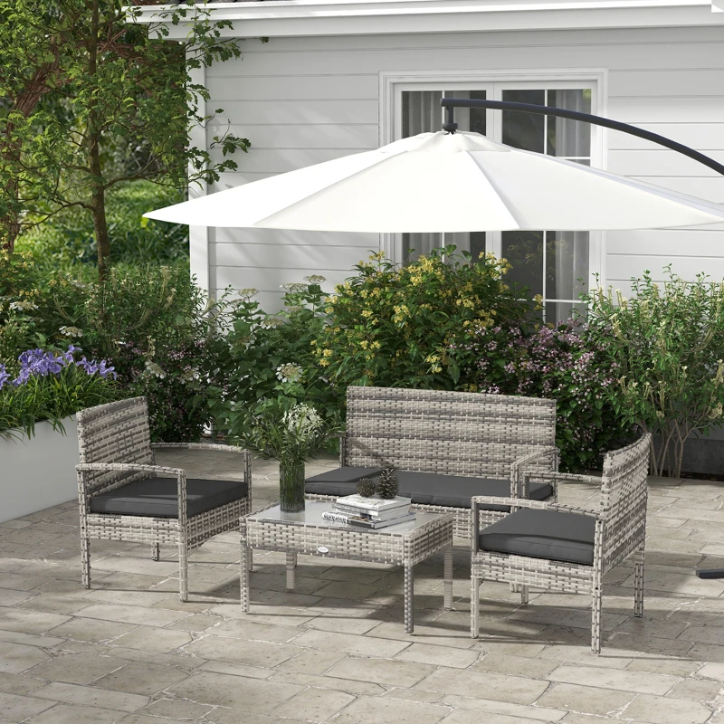 Outsunny 4 Pieces Patio Furniture Set with Loveseat Bench, Armchairs, Glass Table, Outdoor Wicker Conversation Seating Set, Grey