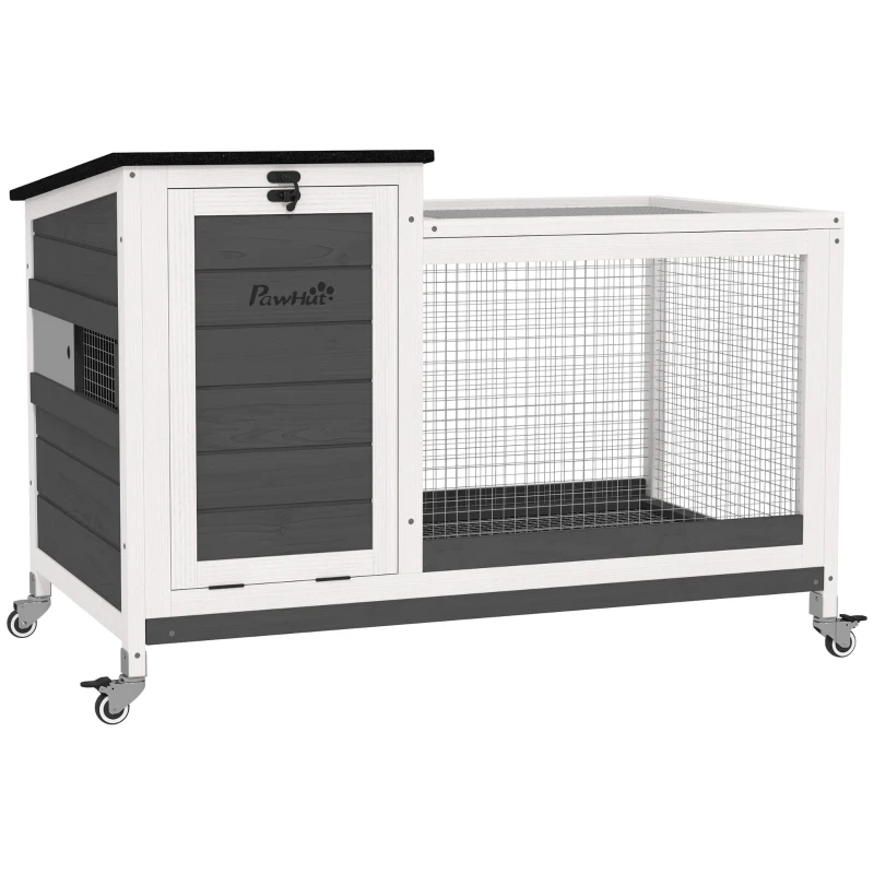 PawHut Wooden Rabbit Hutch with Pull-Out Tray, Asphalt Openable Roof, Small Animal Cage on Wheels with Run, Grey