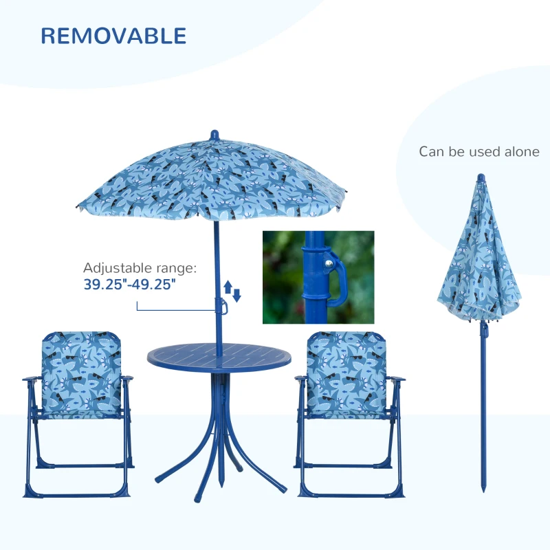 Outsunny Kids Folding Table and Chairs Set for Outdoor Garden Patio Backyard with Removable & Height Adjustable Sun Umbrella, Blue
