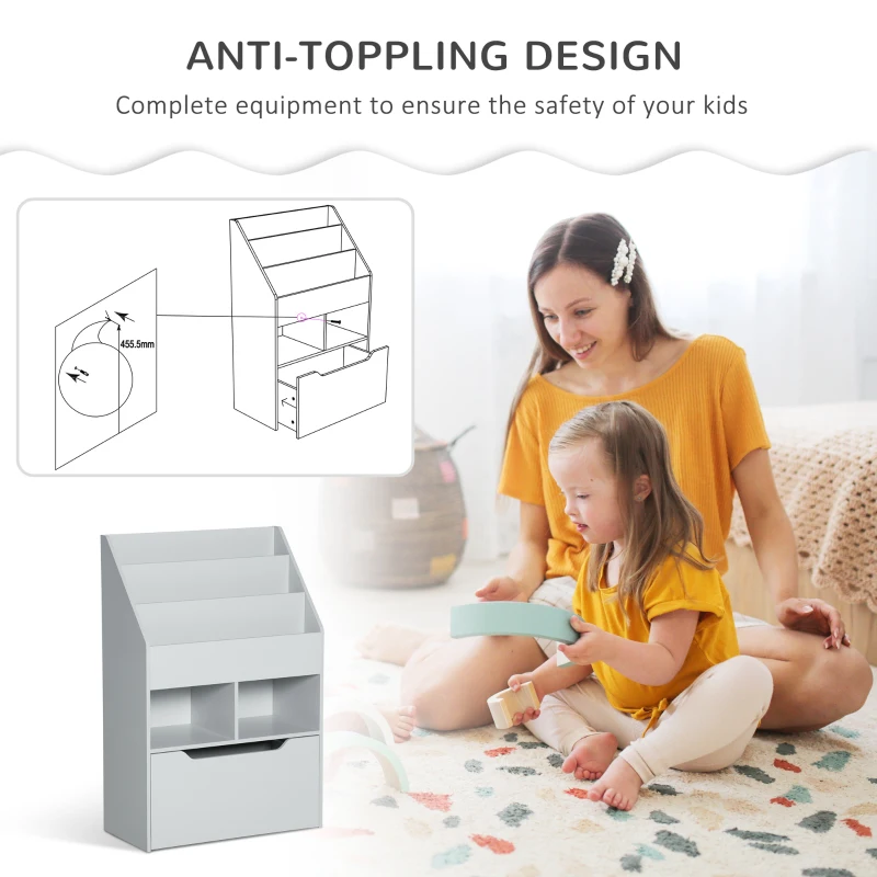 HOMCOM Kids Bookcase Multi-Shelf Book Rack with Mobile Drawer for Books, Toy , Gray