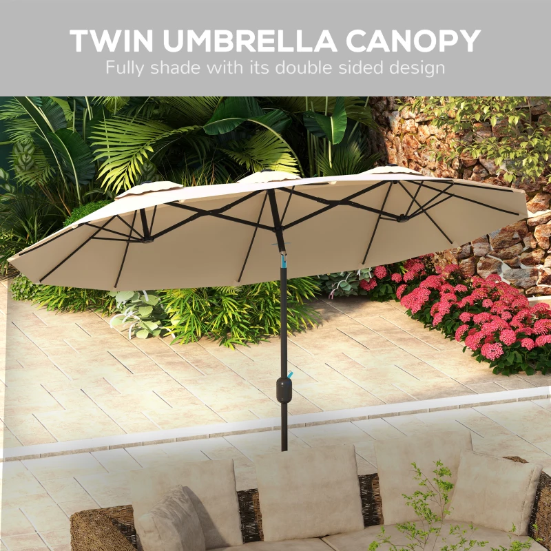 Outsunny 9.7' Double-sided Outdoor Patio Umbrella with Tilt, Crank and Vents, Brown