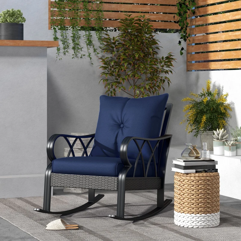 Outsunny Outdoor Wicker Rocking Chair with Padded Cushions, Aluminum Furniture, Rattan Porch Rocker Chair w/ Armrest, Navy Blue