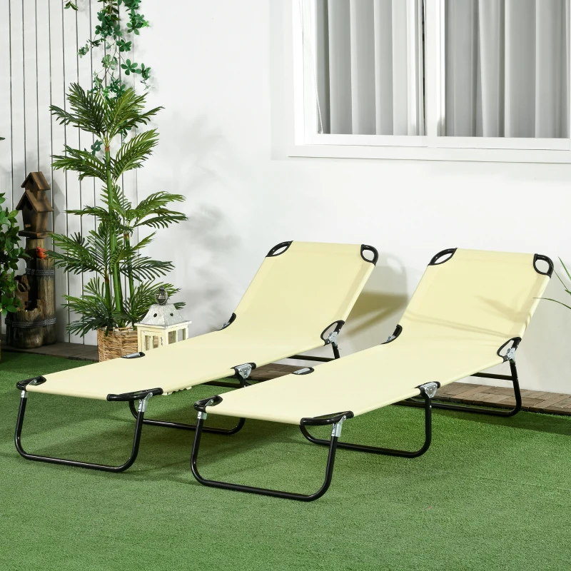 Outsunny Set of 2 Folding Outdoor Lounge Chair, Sun Tanning Chairs with Reclining Back, Breathable Mesh for Beach Patio, Beige