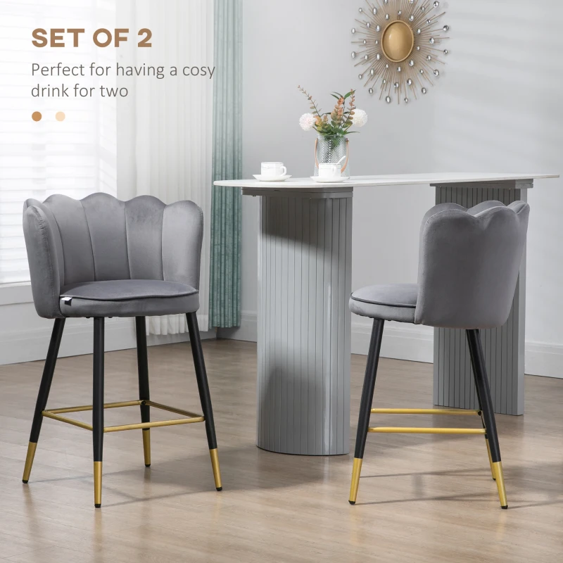 HOMCOM Bar Stools Set of 2 Modern Counter Height Bar Stools with Back, Footrest for Home Kitchen, 23.2"x20.5"x35.4", Grey