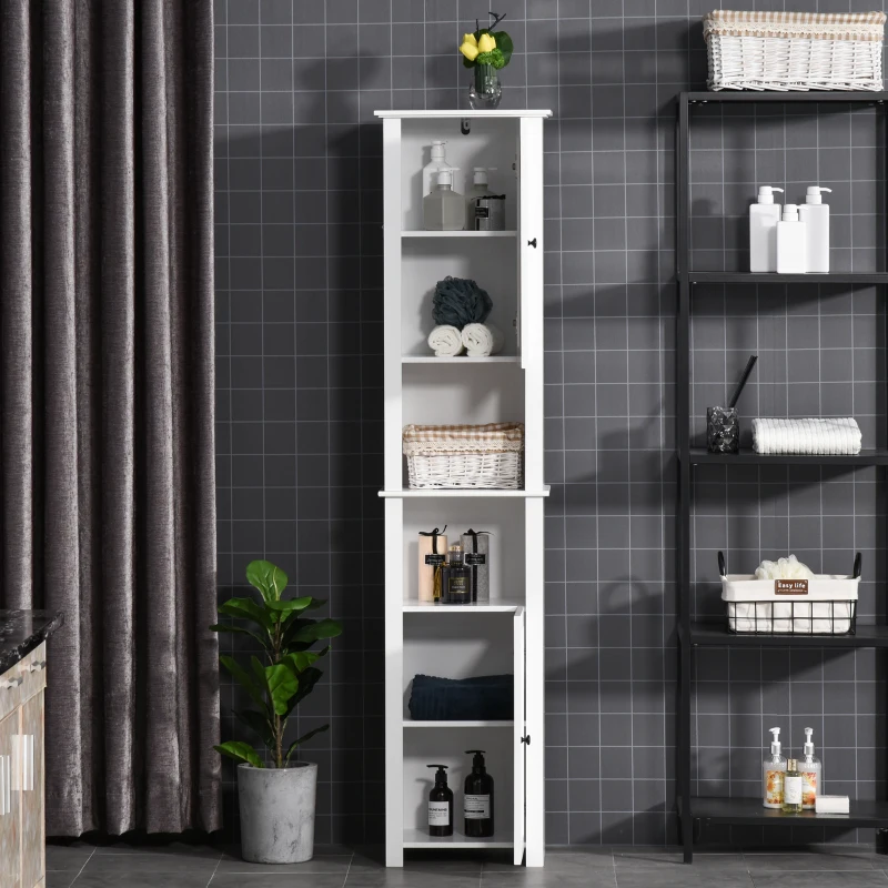 HOMCOM Tall Bathroom Storage Cabinet, Freestanding Linen Tower with 2-Tier Shelf and 2 Cabinets, Narrow Side Floor Organizer, White