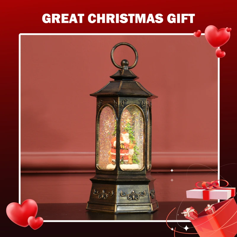 HOMCOM Musical Christmas Snow Globe Lantern, Battery Operated Lighted Snow Globe with Glitter for Holiday or Gift, Bronze
