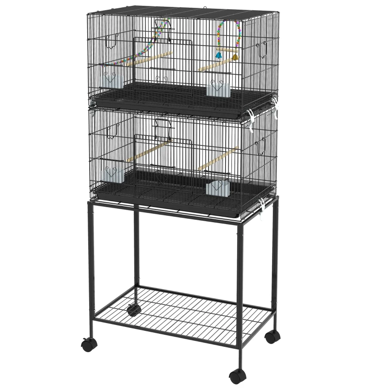 PawHut 65" Birdcage for Canaries, Lovebirds Finches, Budgie Cage with Wheels, Black