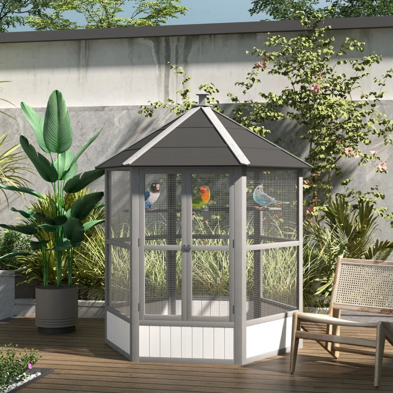 PawHut 69" Wooden Hexagonal Outdoor Aviary Flight Bird Cage With Covered Roof, Light Gray(m-2)
