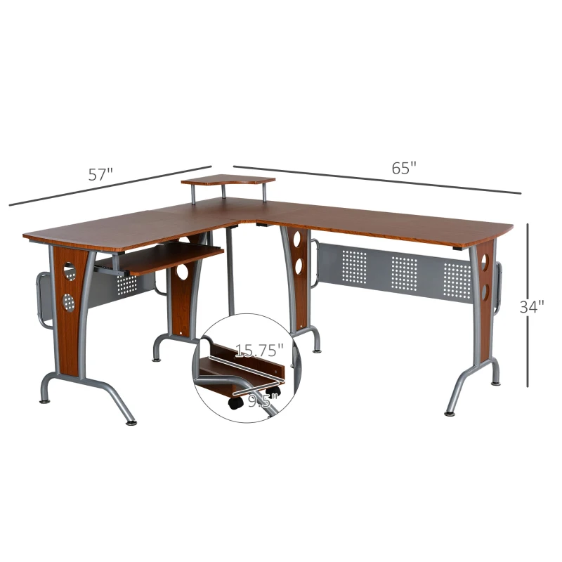 HOMCOM L-Shaped Computer Desk for PC, Corner Table for Small Spaces with Elevated Shelf, Keyboard Tray, CPU Stand, Home Office Workstation, Brown Wood Grain