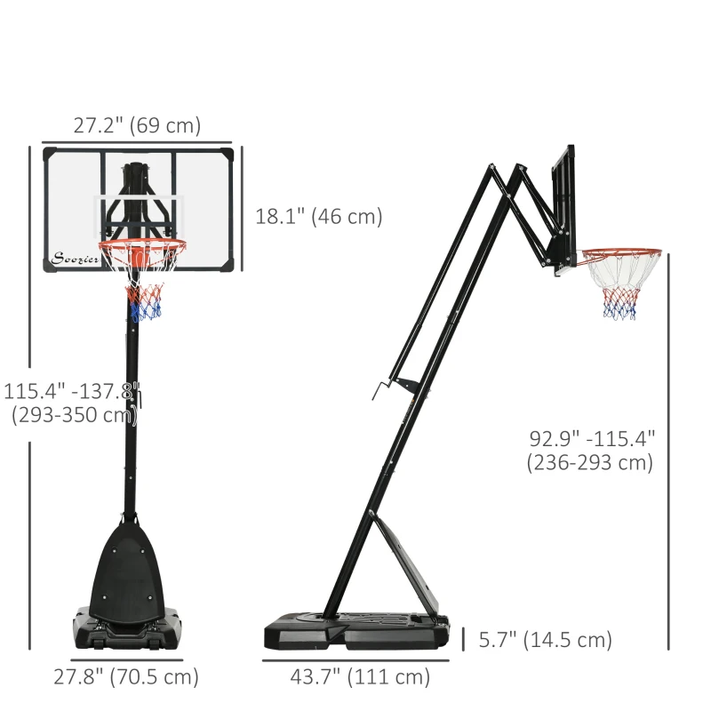 Soozier Outdoor Portable Basketball Hoop and Stand with Backboard Weighted Base Wheels, 115.4"-137.8" Height Adjustable