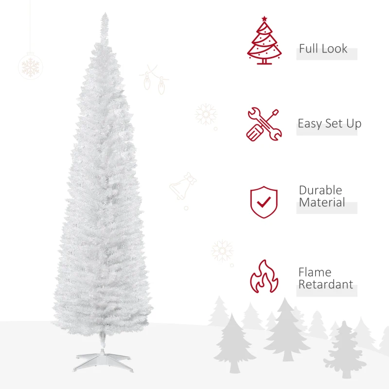 HOMCOM 7' Pencil Christmas Tree, Slim Artificial Xmas Tree with Realistic Branches, Sturdy Metal Stand, White