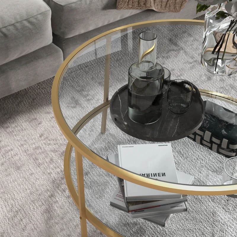 HOMCOM Side Table with Storage, 32" Round End Table, 2-Tier Tempered Glass Coffee Table with Steel Frame for Living Room, Gold