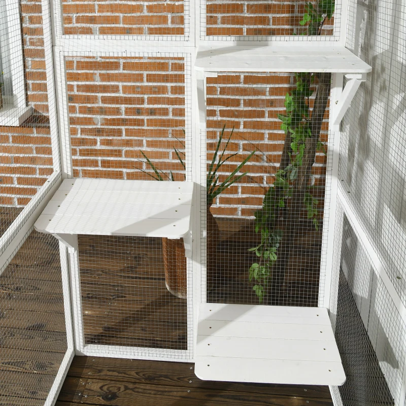 PawHut Large Outdoor Catio Enclosure, Wooden Cat Patio with 6 Balanced Platforms and Asphalt Roof, 70.9" x 38.6" x 70.9", White