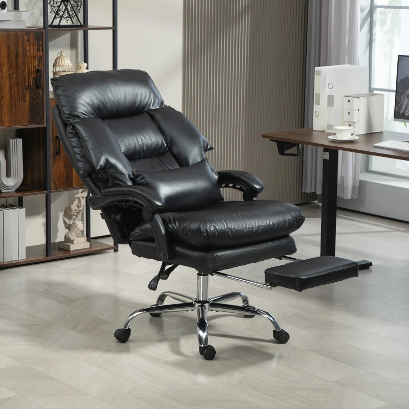 HOMCOM Overstuffed Office Chair, High Back Desk Chair with Foot Rest, Reclining PU Leather Computer Chair, Black