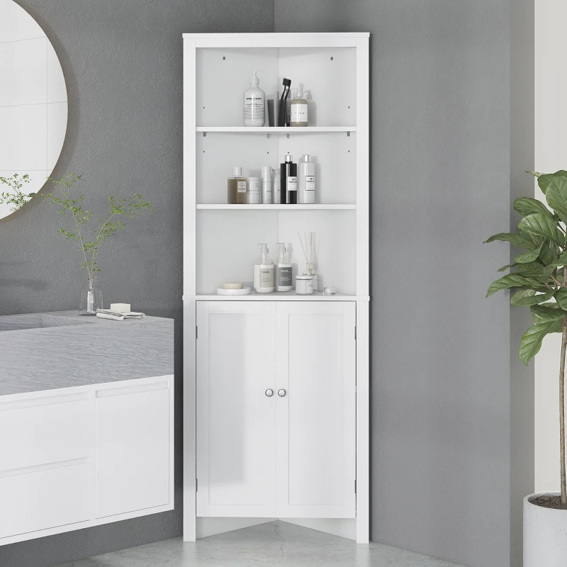 kleankin Tall Bathroom Storage Cabinet, Corner Cabinet with Doors, Linen Cabinet with Doors and 3-Tier Shelves, White