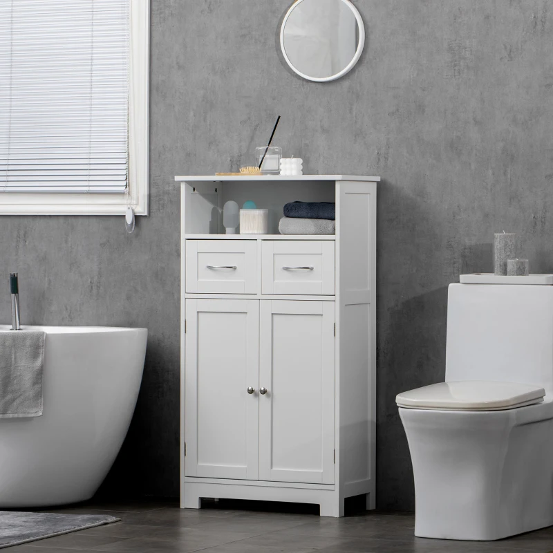 kleankin Bathroom Cabinet Organizer, Freestanding Small Storage Cabinet with Two Drawers and Adjustable Shelf for Living Room, or Entryway, White