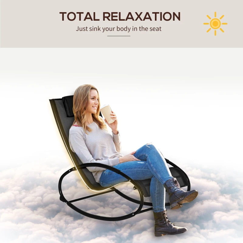Outsunny Patio Texteline Rocking Lounge Chair Orbital Zero Gravity Rocker Outdoor Recliner Seat w/ Padded Pillow Black