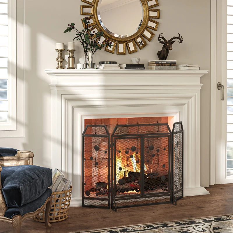 HOMCOM 3-Panel Metal Fireplace Mesh Screen Home Folded Steel Spark Protection with Magnetic Doors 49.25" x 31.5", Black