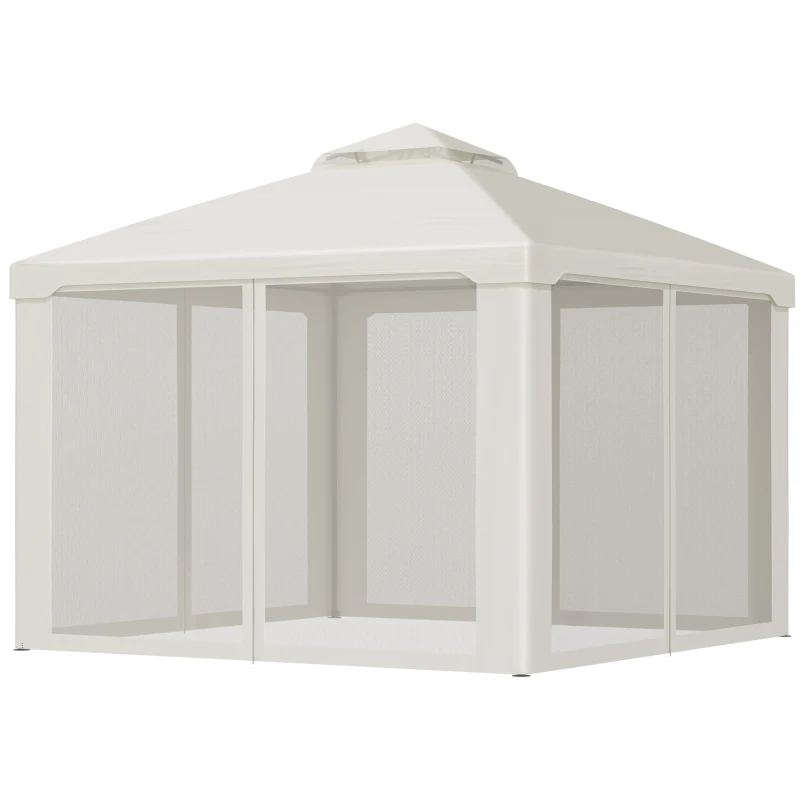Outsunny 10' x 10' Patio Gazebo Outdoor Pavilion 2 Tire Roof Canopy Shelter Garden Event Party Tent Yard Sun Shade Steel Frame w/ Mosquito Netting Cream White