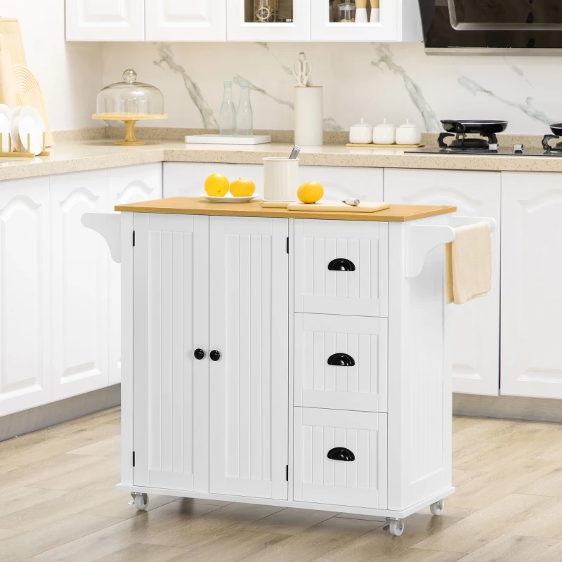HOMCOM Modern Rolling Kitchen Island Cart with 3 Drawers Towel Rack Double Door Storage Cabinet White