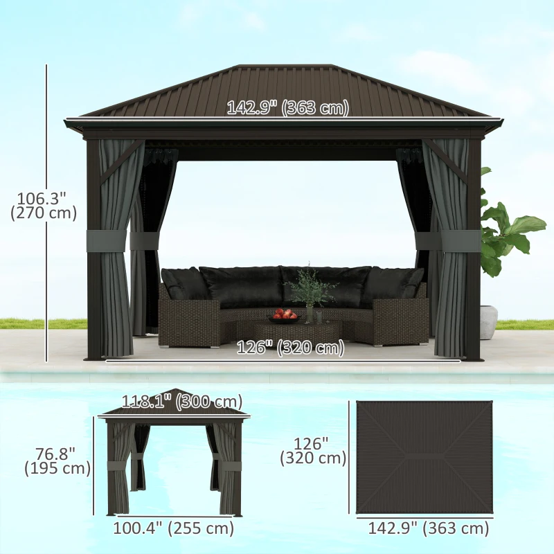 Outsunny 10' x 12' Outdoor Hardtop Gazebo Metal Roof Patio Gazebo with Aluminum Frame, Mesh Nettings, Dark Grey
