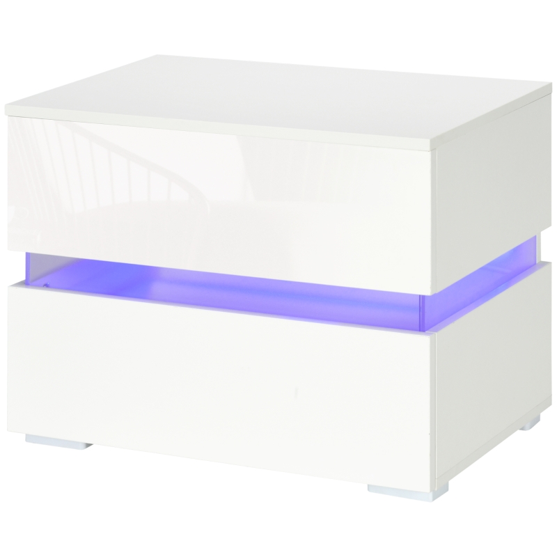 HOMCOM Modern Nightstand, Bedside Table with 2 Drawers, USB Powered RGB LED Lights, Remote for Bedroom, White