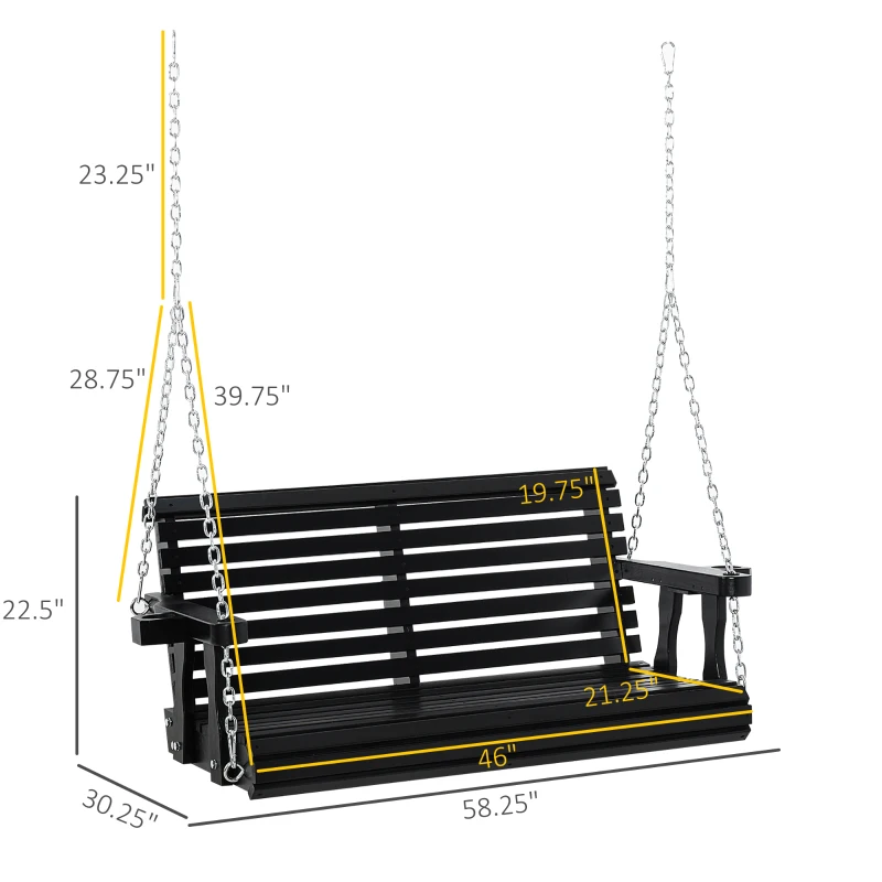 Outsunny Porch Swing with Chains and Cupholders, 2 Person Wooden Patio Swing Chair, 440 lbs. Weight Capacity, for Garden, Poolside, Backyard, Black