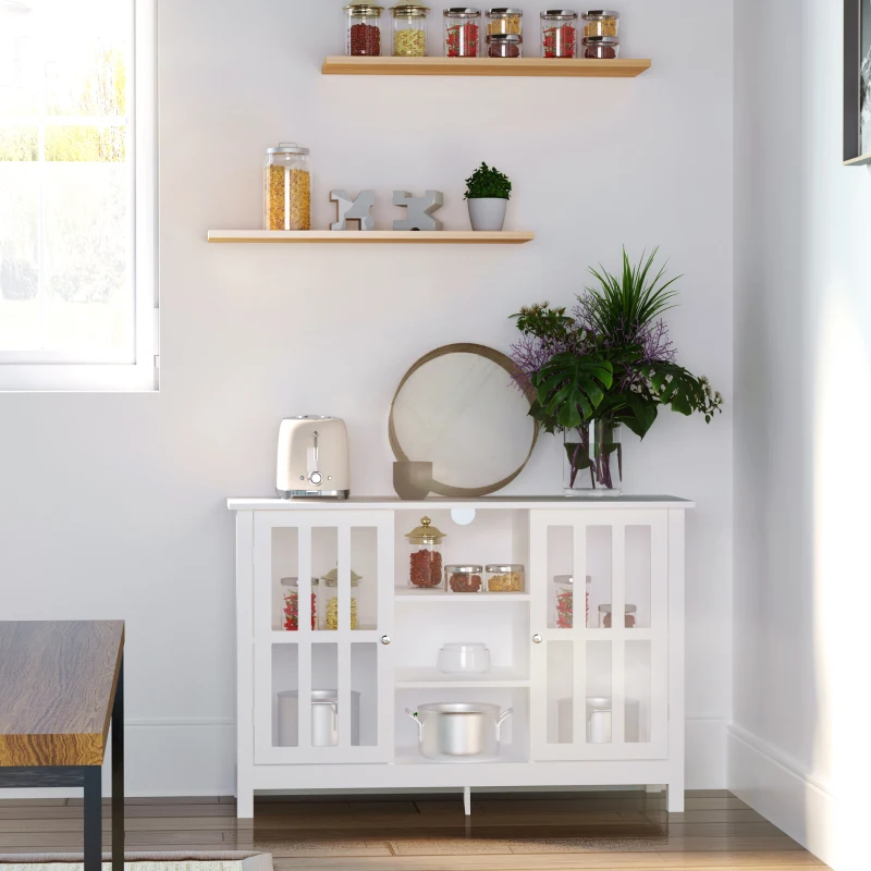 HOMCOM Sideboard, Buffet Cabinet, Coffee Bar Cabinet, Kitchen Cabinet with Storage Shelves, Slatted Framed Doors and Cable Management for Living Room, White