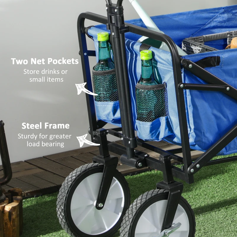Outsunny Small Collapsible Folding Wagon Cart, Heavy Duty Outdoor Utility Garden Cart with Universal Wheels and Adjustable Handle for Camping Sports Shopping Beach, Dark Blue