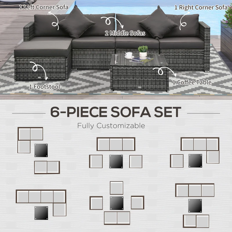 Outsunny 6 Piece Patio Furniture Set Outdoor Wicker Conversation Set All Weather PE Rattan Sectional Sofa Set with Ottoman, Cushions and Tempered Glass Table, Mixed Gray and Charcoal