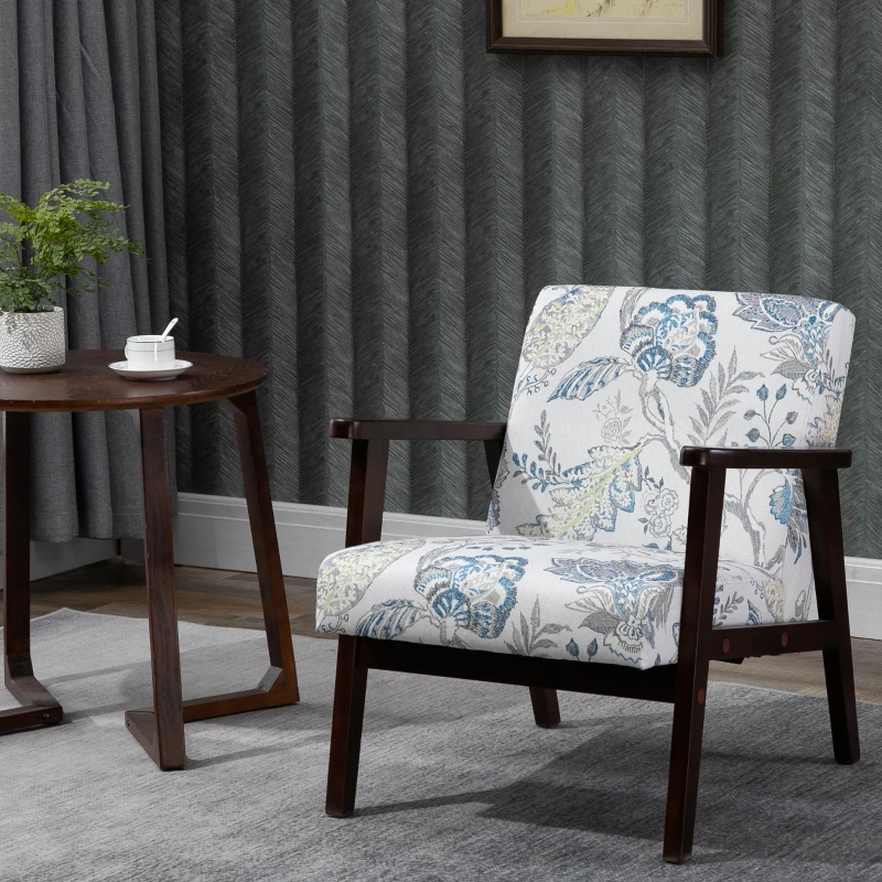 HOMCOM Mid-Century Modern Accent Chair Retro Fabric Armchair Wooden Arm Upholstered Lounge Chair for Living Room Floral