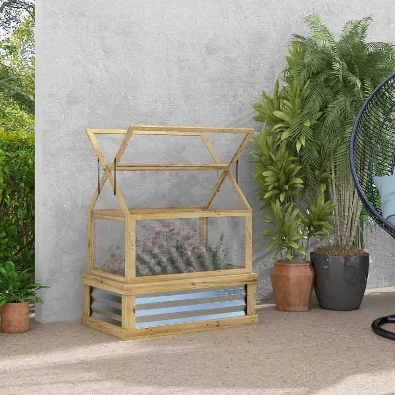 Outsunny Raised Garden Flower Bed Kit with Greenhouse, Wooden Cold Frame Planter, 35.5" x 22.5" x 38.25", Natural