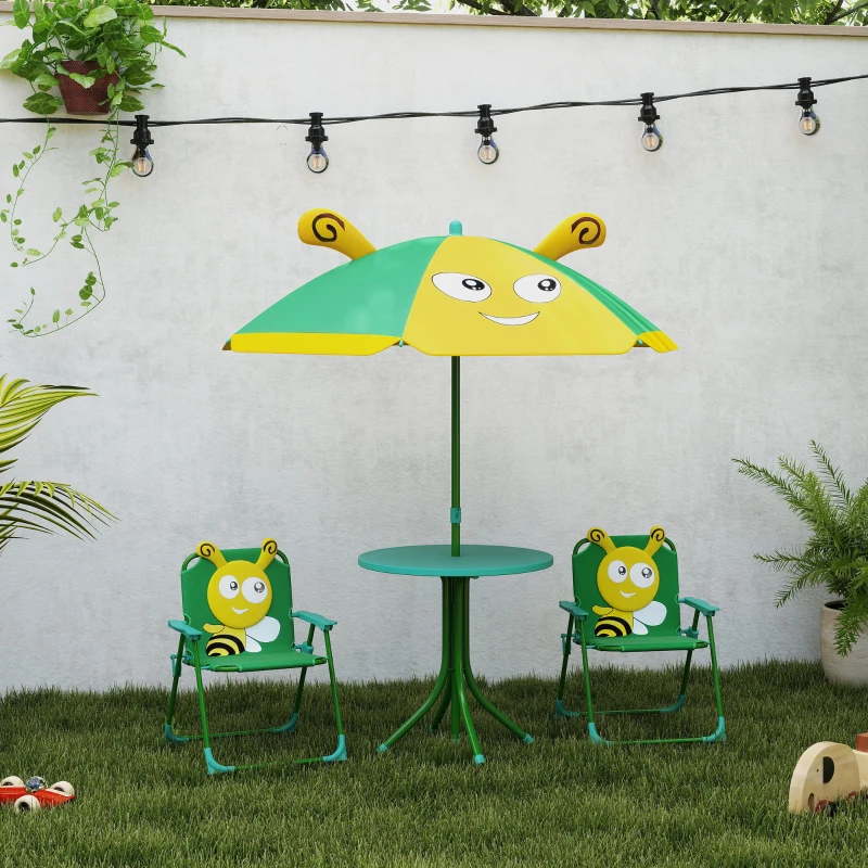 Qaba Kids Picnic Table and Chair Set, Outdoor Activity Table with Foldable Chairs, Height Adjustable Umbrella, Green