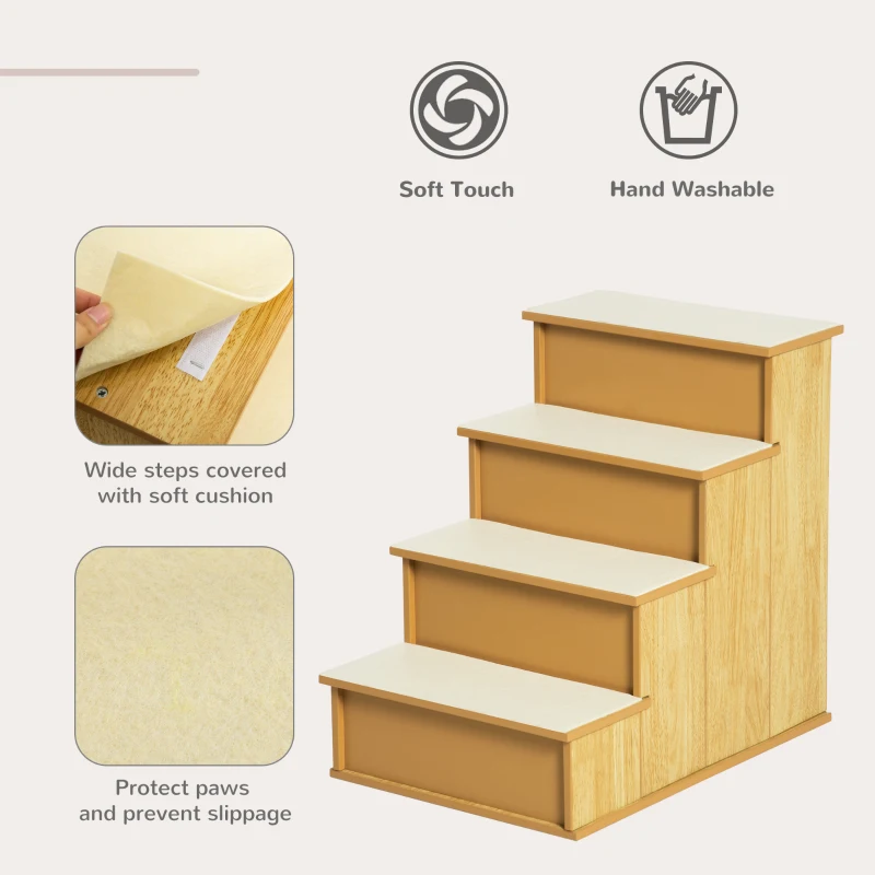 PawHut Dog Steps Pet Stairs for Bed Cat Ladder for Couch with Non-Slip Carpet, 15.7" x 23.2" x 21.3", Natural Wood