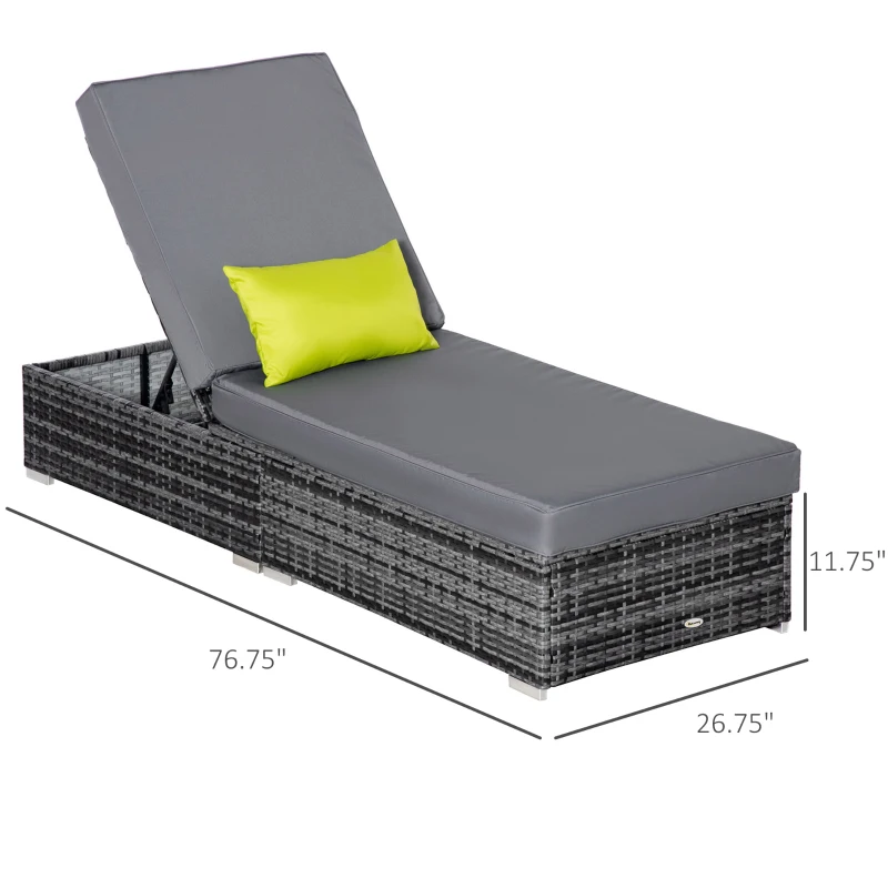 Outsunny Patio Wicker Lounger, Outdoor PE Rattan Single Chaise Lounge w/Adjustable Recliner Backrest, Cushion, & Pillow, Grey