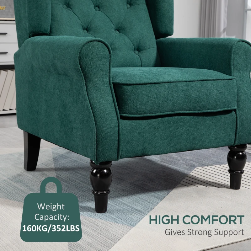 HOMCOM Fabric Accent Chair, Button Tufted Armchair, Armchair with Wood Legs, Thick Padding for Bedroom Dark Green