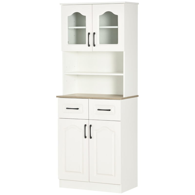 HOMCOM 66" Tall Kitchen Pantry Cabinet, Freestanding Storage Cabinet with 2 Adjustable Shelves, 2 Drawers, Open Counter and Glass Doors, White