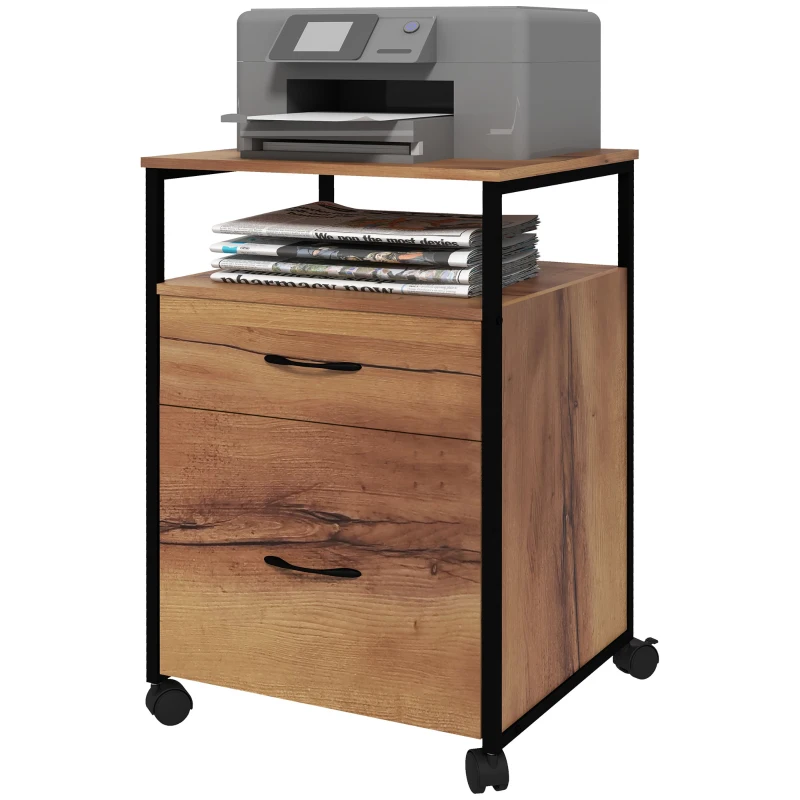 Vinsetto Vertical Filing Cabinet with Wheels, 26.2" Tall File Cabinet with 2 Drawers, Open Shelf, Hanging Bars for Letter and A4 Size, Industrial Printer Stand, Rustic Brown