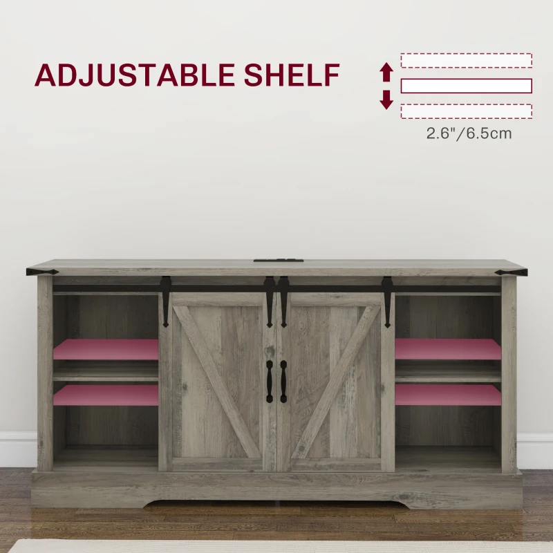 HOMCOM Sideboard with Charging Station, Farmhouse Coffee Bar Cabinet with Sliding Barn Door, TV Stand for TVs Up to 65", Gray
