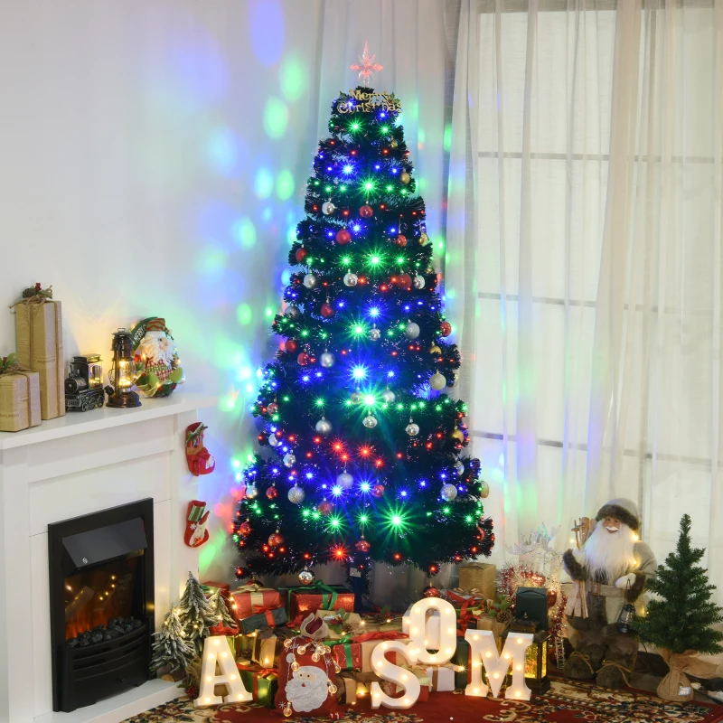 HOMCOM 7ft Prelit Artificial Christmas Tree with LED Lights, Multicolored Fiber Optics and Realistic Branch Tips, Black