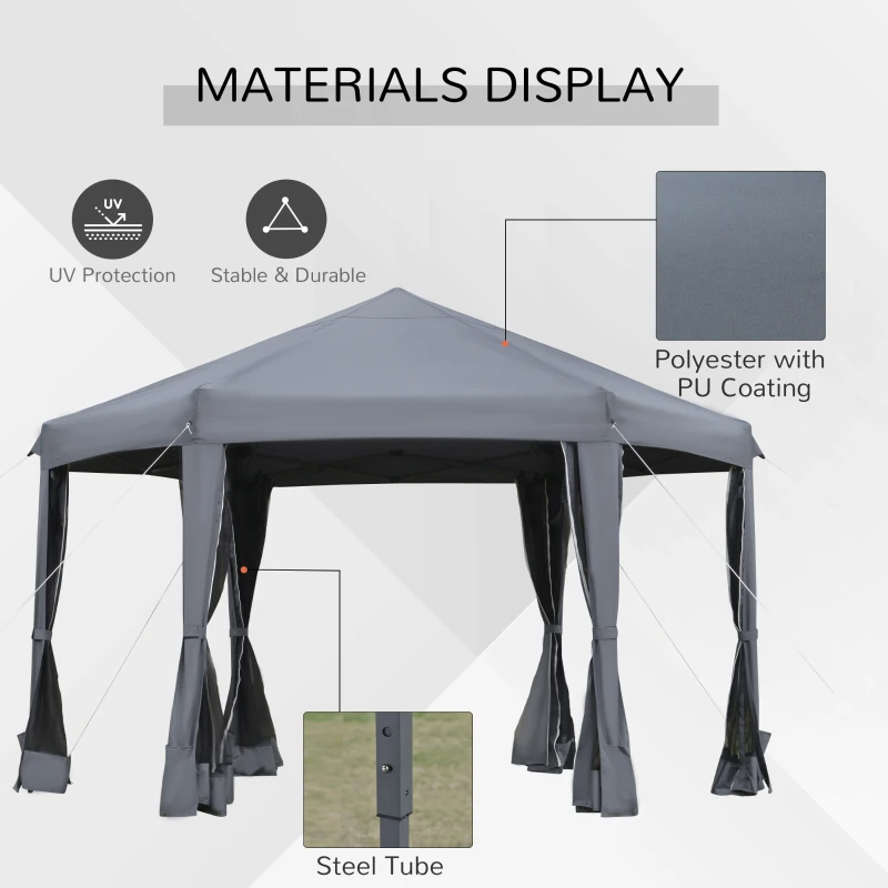 Outsunny 12.5' Pop Up Gazebo Hexagonal Canopy Tent Outdoor Shelter Pavilion Sun Protection with Mesh Sidewalls, Handy Bag, Dark Grey