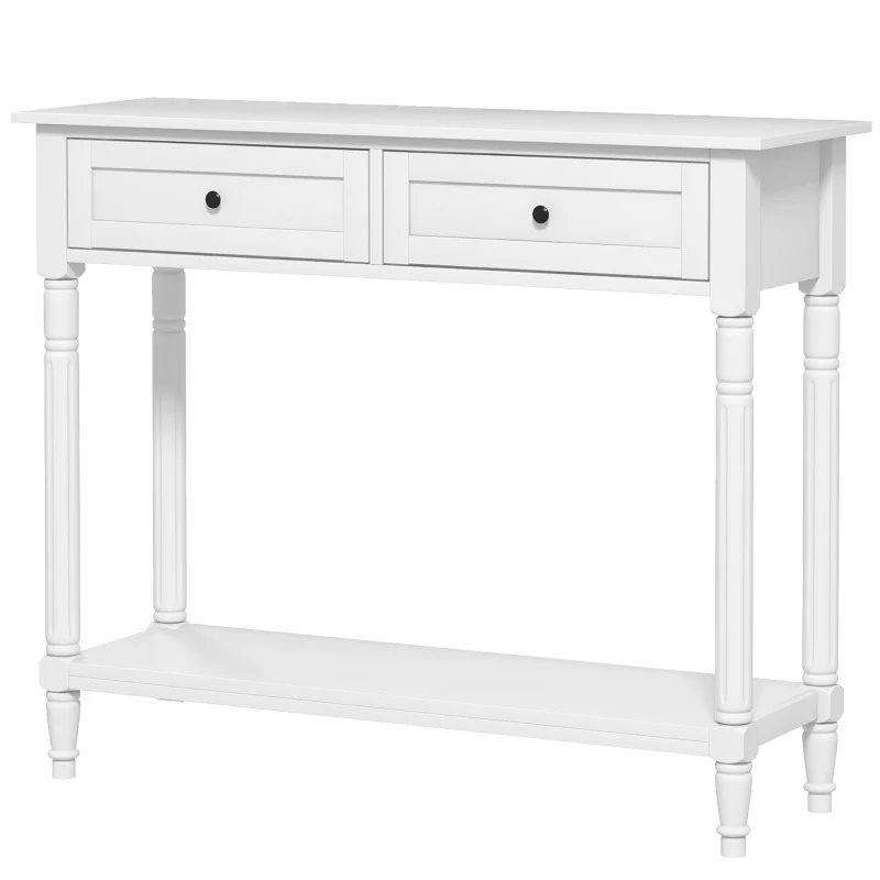 HOMCOM Hallway Console Table, Modern Entryway Table with 2 Drawers, Storage Shelf, Turned Legs for Living Room, Bedroom, White