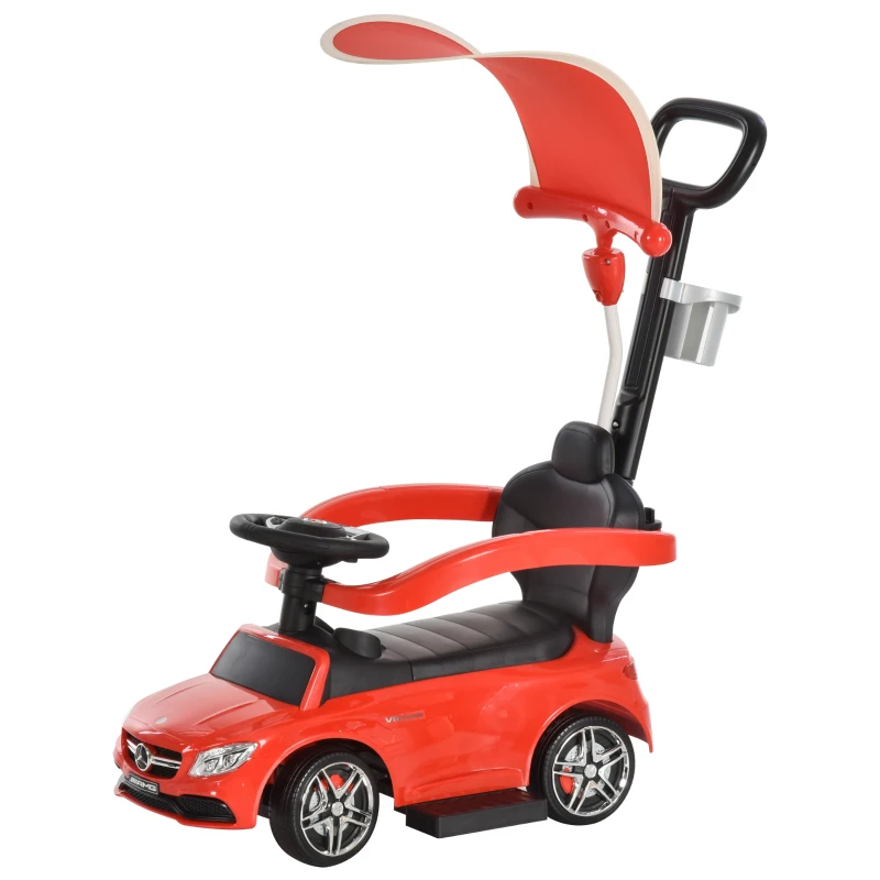 Aosom 2 in 1 Push Car for Toddlers for 1-3 Years Old, Officially Licensed AMG C63 Baby Car, Kids Stroller Sliding Car with Sun Canopy Foot Rest Horn Sound Safety Bar Cup Holder, Red